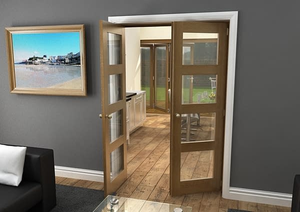 1226mm Vision Fully Finished Oak 4 Light Internal French Doors - Open