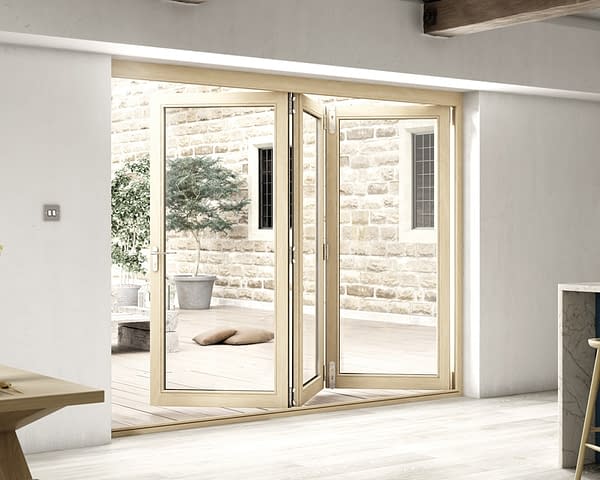 2700mm Icon Oak Part Q Compliant 3+0 Bifold Doors - Open