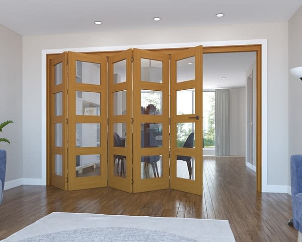5 Door Vision Fully Finished Oak 4 Light Internal Bifold - Open