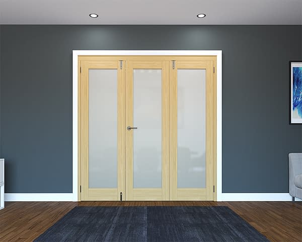 3 Door Unfinished Oak Frosted Folding French Doors - Closed