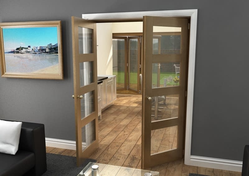 1452mm Vision Fully Finished Oak 4 Light Internal French Doors - Open