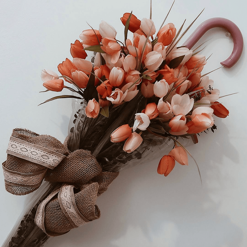 A bouquet of tulips in an umbrella