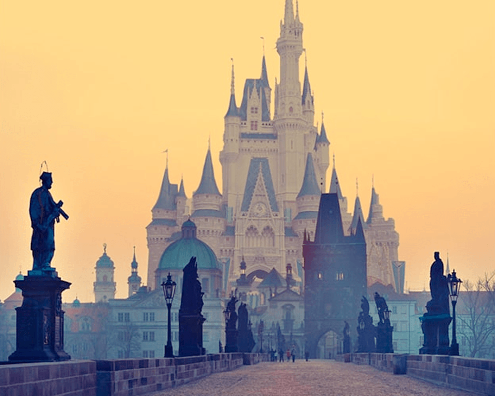 The disney castle in a real world setting