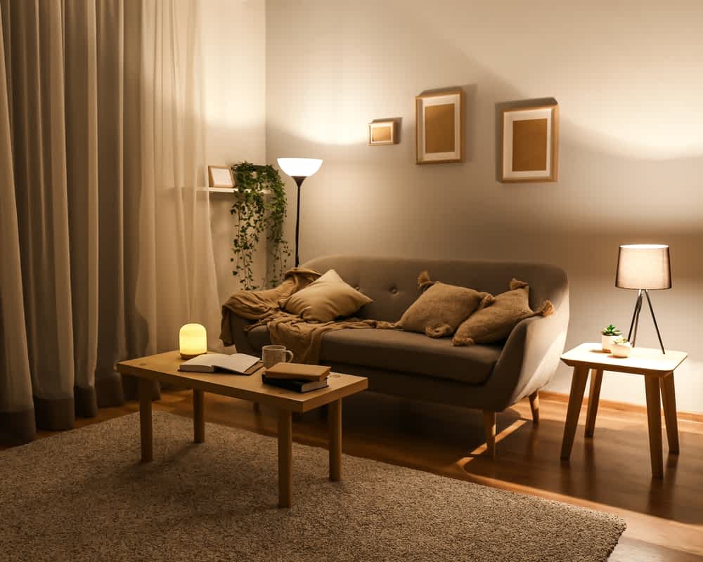 A cozy living room with soft lighting