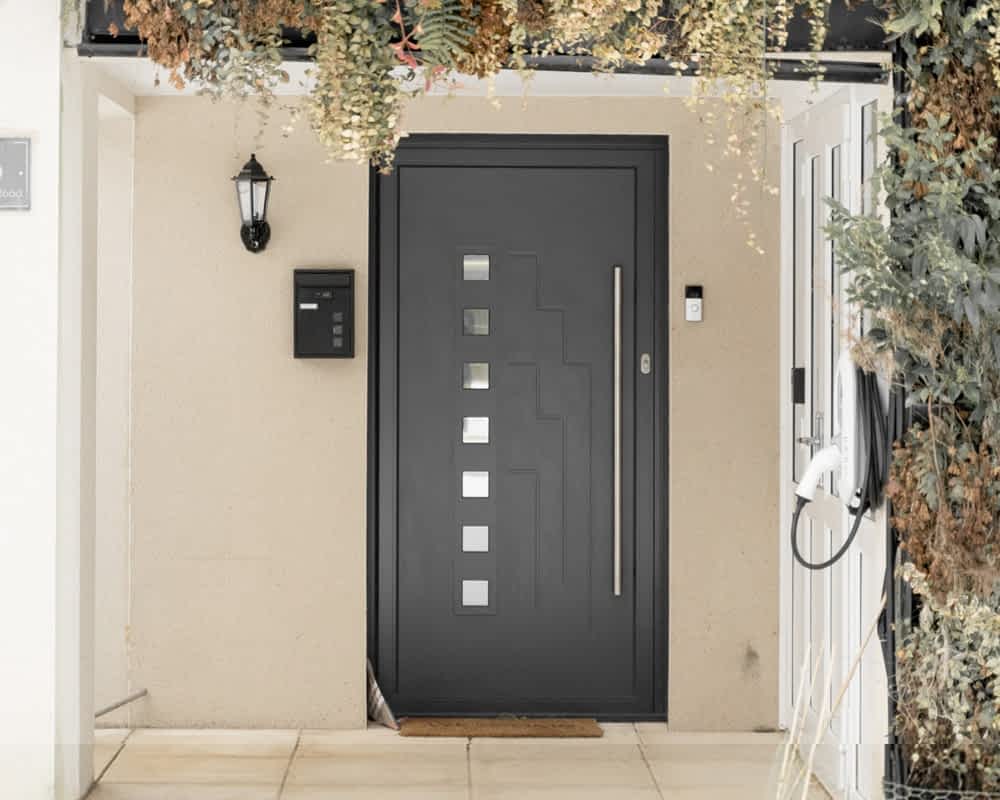 a dark grey door surrounded by greenery