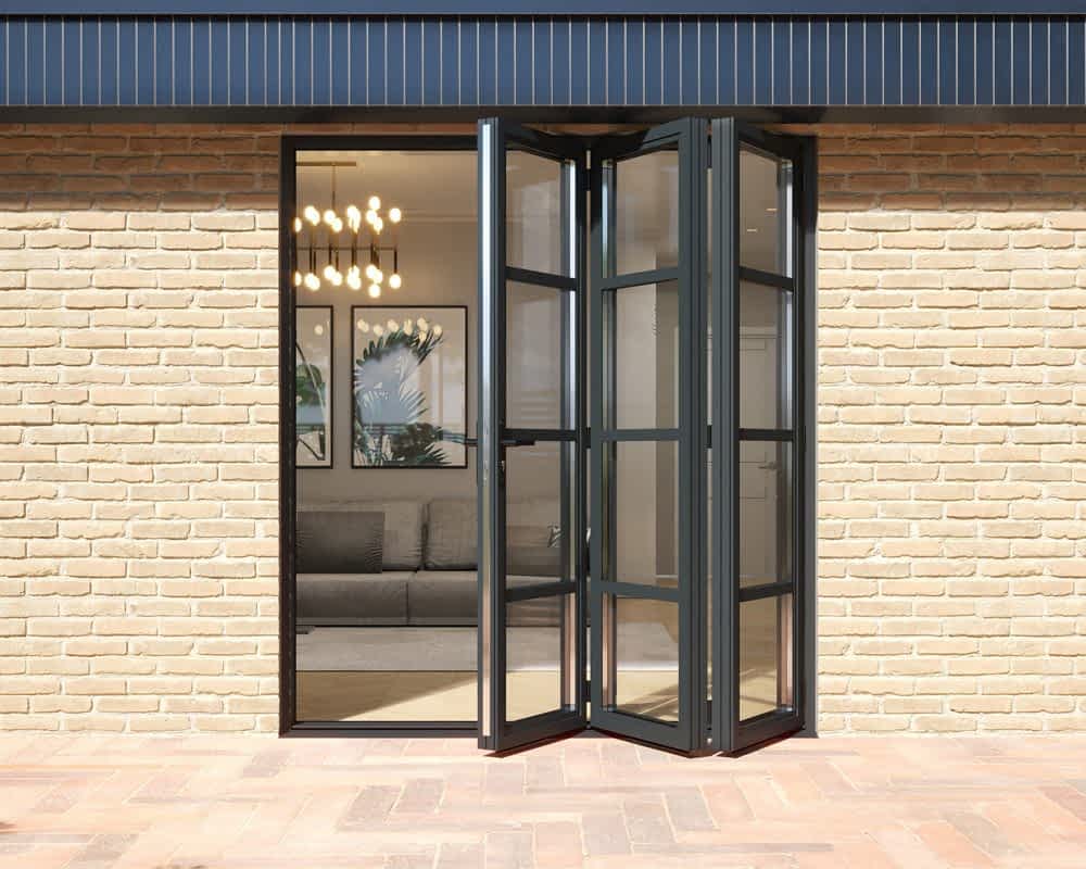 1.8m Revere Grey Industrial 3+0 Bifolding Doors - Open Shot