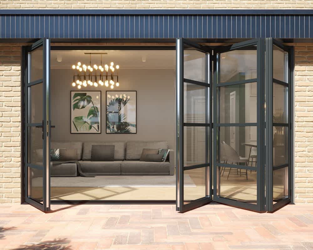 3.6m Revere Grey Industrial 3+1 Bifolding Doors - Open Shot