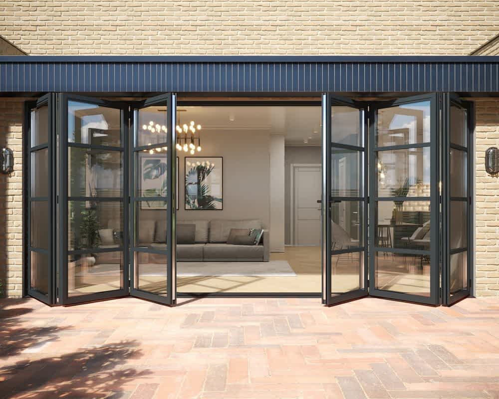 4.8m Revere Grey Industrial 3+3 Bifolding Doors - Open Shot