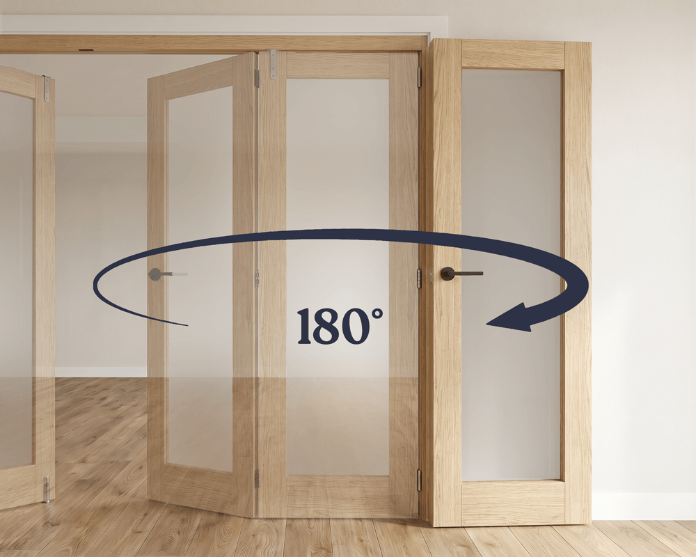 Oak 1 Light Frosted French Folding Doors 180 Degree Fold Flat