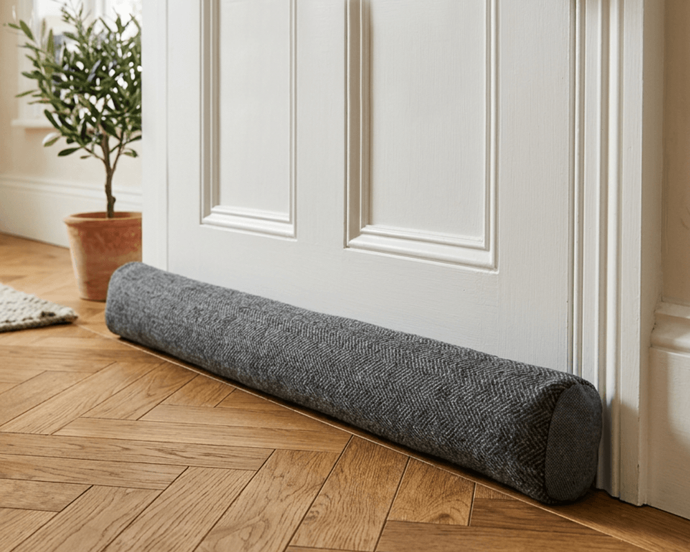 A grey fabric draught excluder at the base of a white door