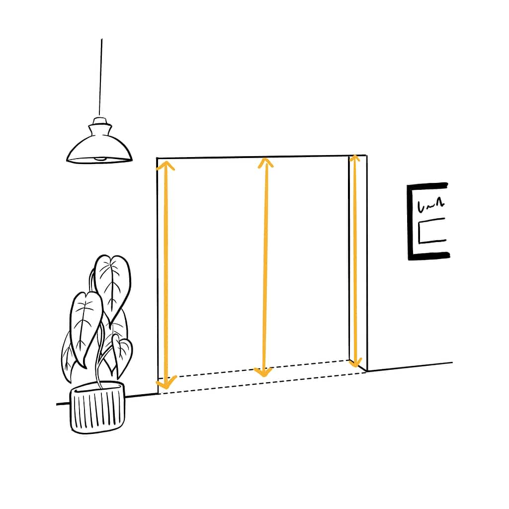 an illustration showing the three spots to measure for the height of a door- the left center, and right heights