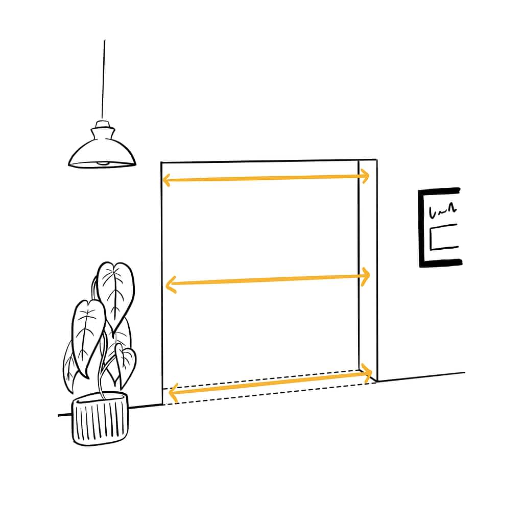 an illustration showing the three spots to measure for a door width, the top, middle, and bottom