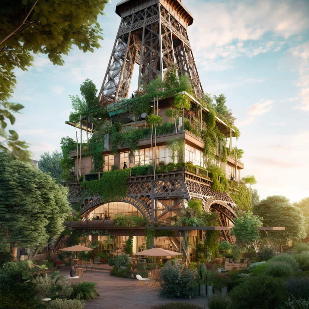 The eifel tower reimagined with plants growing around it. There are bushes and trees growing from the tower, and vines cascading down the outside