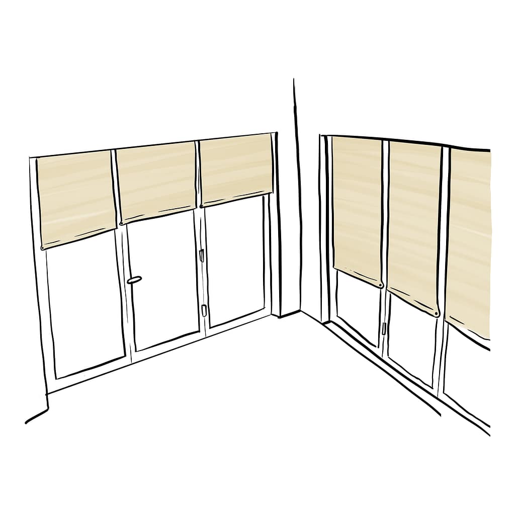 Black and white illustration of roller blinds installed on bifold doors. The illustration shows an interior corner or a room, both walls extending from the corner have a 3 panel bifold door. Roller blinds are installed on each panel, showing how one panel can be completed covered, while another panel can let in more light.