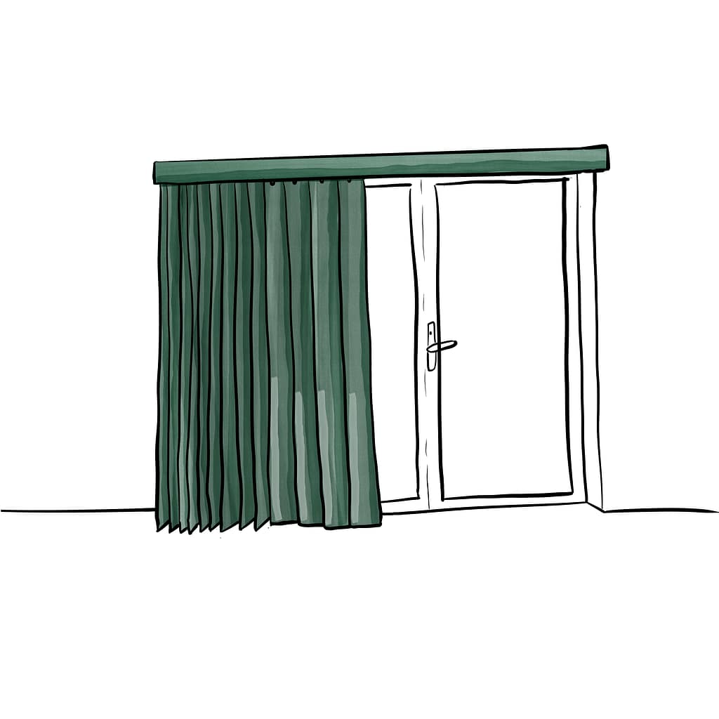 A black and white illustration of a bifold door with vertical blinds. The blinds are pushed halfway to the side, showing a panel of the door that can be opened. The vertical blinds are coloured green as a statement on the otherwise black and white outlined illustration