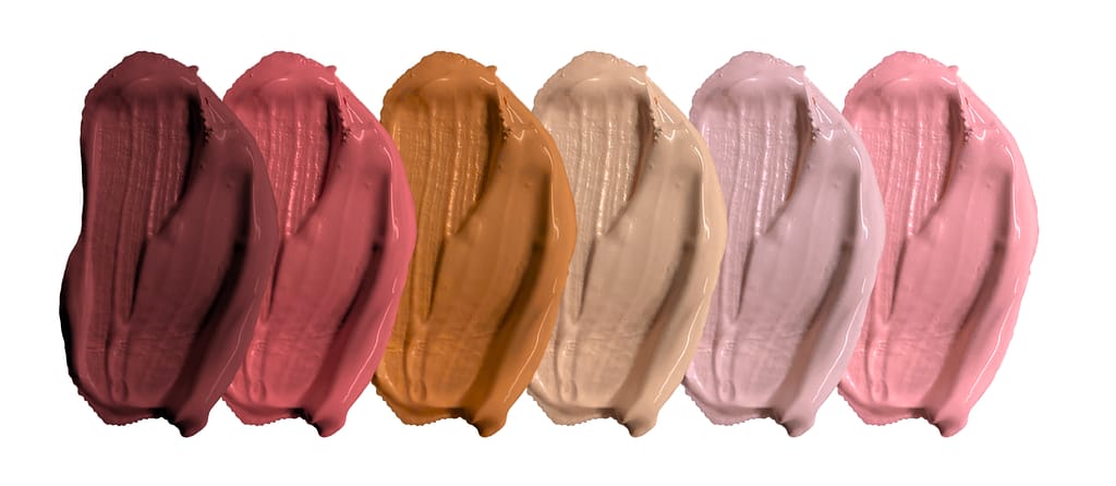 A swatch of warm colours going from left to right:
Maroon, dark red, terracotta, tan, pink, salmon