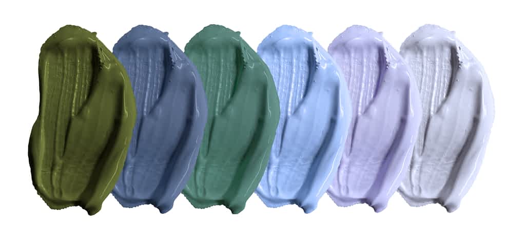 A colour swatch of cool colours. From left to right: Sage green, dark blue, forest green, perriwinkle, lavender, light purple/grey