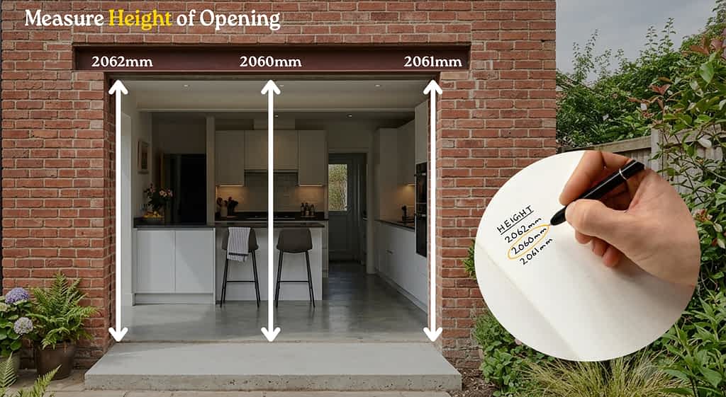 Large Door Measurement: The brick opening for an external door. Text on the image says "Measure the height of the opening". Three measurement places are indicated using arrows.
They are placed on the left side of the opening, from the floor to the top of the opening (with a hypothetical measurement of 2062mm), in the center of the opening, from the floor to the top of the opening(with a hypothetical measurement of 2060mm), and on the right side of the opening, from the floor to the top (with a hypothetical measurement of 2061mm). on the bottom right of the image, there is a second image placed on top - showing a notebook with the three heights written down. The smallest measurement (2060mm) is circled.