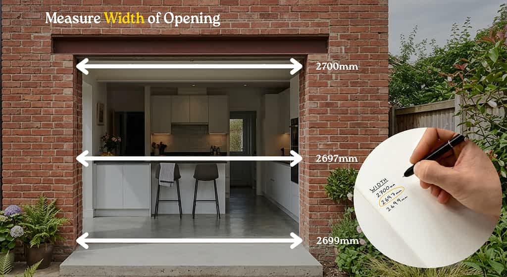 Large Door Measurement: The brick opening for an external door. Text on the image says "Measure the width of the opening". Three measurement places are indicated using arrows.
1. The top of the opening, from left to right (with a hypothetical measurement of 2700mm)
2. The center of the opening, from left to right (with a hypothetical measurement of 2697mm), and on the bottom of the opening, from left to right (with a hypothetical measurement of 2699mm). On the bottom right of the image, there is a second image placed on top - showing a notebook with the three widths written down. The smallest measurement (2697mm) is circled.