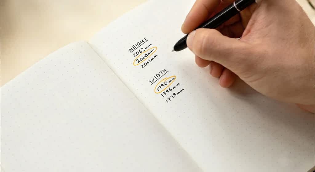 A person writing measurements into a notepad