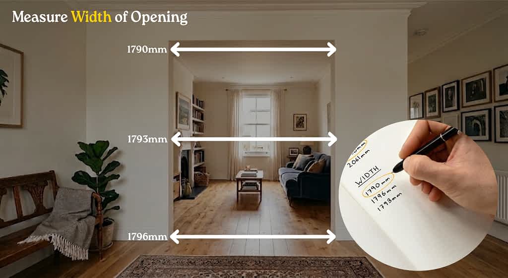 Large Door Measurement: The opening for an internal door. Text on the image says "Measure the width of the opening". Three measurement places are indicated using arrows.
1. The top of the opening, from left to right (with a hypothetical measurement of 1790mm)
2. The centre of the opening, from left to right (with a hypothetical measurement of 1793mm), and on the bottom of the opening, from left to right (with a hypothetical measurement of 1796mm). On the bottom right of the image, there is a second image placed on top, showing a notebook with the three widths written down. The smallest measurement (1790mm) is circled.