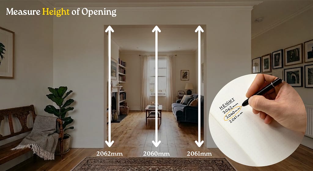 Large Door Measurement: The brick opening for an internal door. Text on the image says "Measure the height of the opening". Three measurement places are indicated using arrows.
They are placed on the left side of the opening, from the floor to the top of the opening (with a hypothetical measurement of 2062mm), in the center of the opening, from the floor to the top of the opening(with a hypothetical measurement of 2060mm), and on the right side of the opening, from the floor to the top (with a hypothetical measurement of 2061mm). on the bottom right of the image, there is a second image placed on top - showing a notebook with the three heights written down. The smallest measurement (2060mm) is circled.