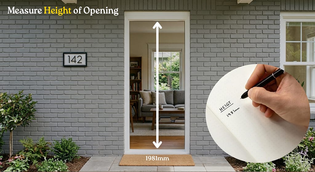 Single Door Measurement: The frame and opening for a single external door. Text on the image says "Measure the height of the opening". One measurement spot is indicated using an arrow in the centre of the opening, measuring from top to bottom (with a hypothetical measurement of 1981mm), On the bottom right of the image, there is a second image placed on top, showing a notebook with the height measurement written down.