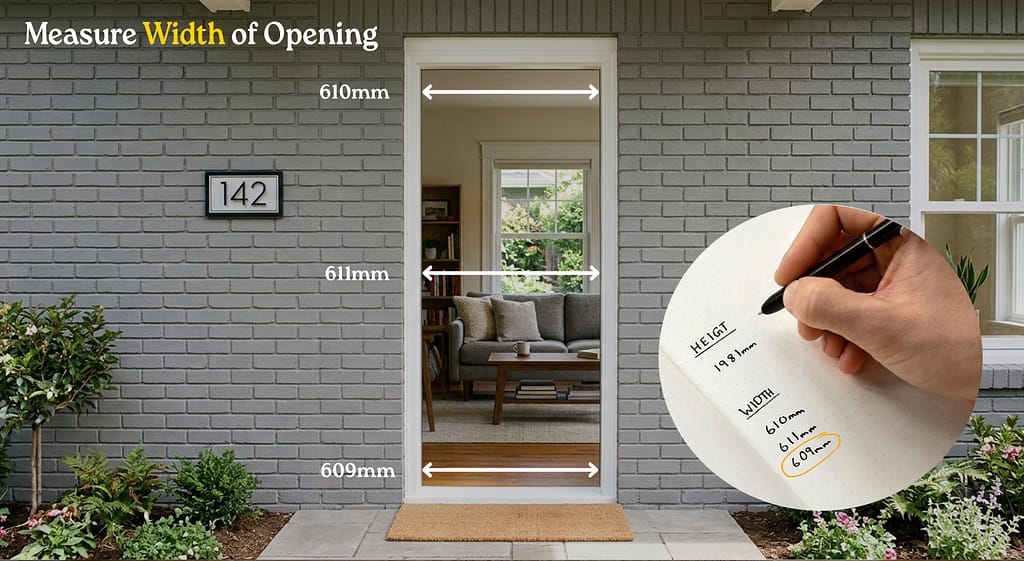 Single Door Measurement: The frame and opening for an external door. Text on the image says "Measure the width of the opening". Three measurement places are indicated using arrows.
1. The top of the opening, from left to right (with a hypothetical measurement of 610mm)
2. The centre of the opening, from left to right (with a hypothetical measurement of 611mm), and on the bottom of the opening, from left to right (with a hypothetical measurement of 609mm). On the bottom right of the image, there is a second image placed on top - showing a notebook with the three widths written down. The smallest measurement (609mm) is circled.