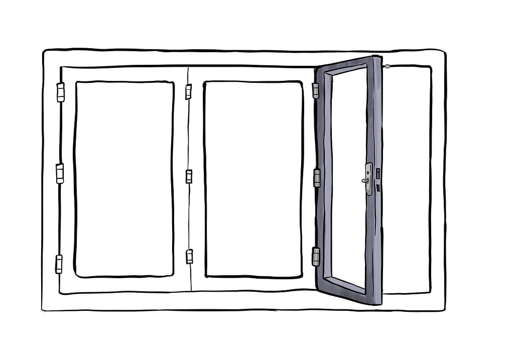An illustration of a bifold door traffic door. The traffic door hinges open from the door panels, showing how a traffic door can be used as a standard door, even on a bifold door system
