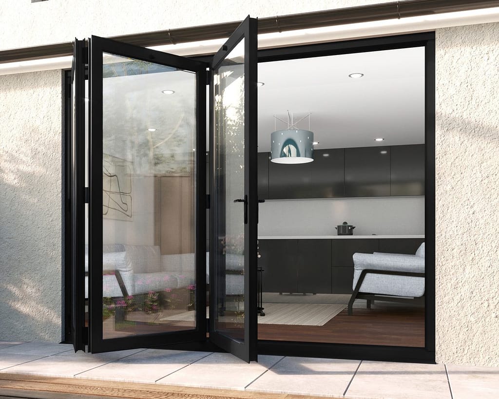 2700mm Revere Black Aluminium 3+0 Bifold Doors - Open Shot