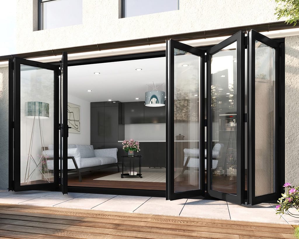 4200mm Revere Black Aluminium 3+3 Bifold Doors - Open Shot