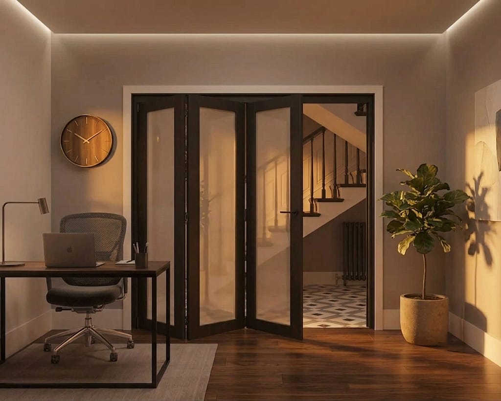 An office in the evening time. A partly open black frosted glazed bifold door separates the office from the hallway. Evening light shines on to the wall to the right of the door. A potted fiddle leaf fig sits to the right of the door. A small office desk and chair sits to the right of the door, facing the front of the room. The floors are hardwood.