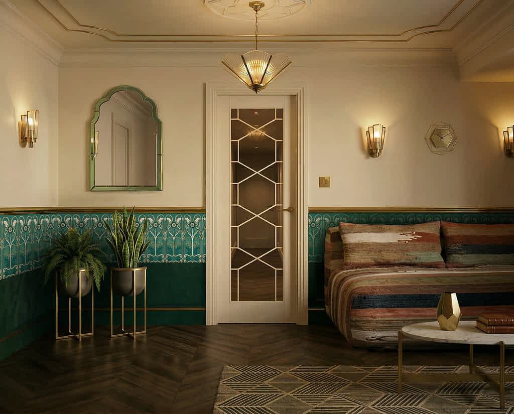 1930's neo deco themed living room feature Aspire's white primed glazed door. The room has dark hardwood flooring, white cream walls with an artistic green wallpaper on the bottom half. crown moulding. a comfy looking cotton couch with no legs.