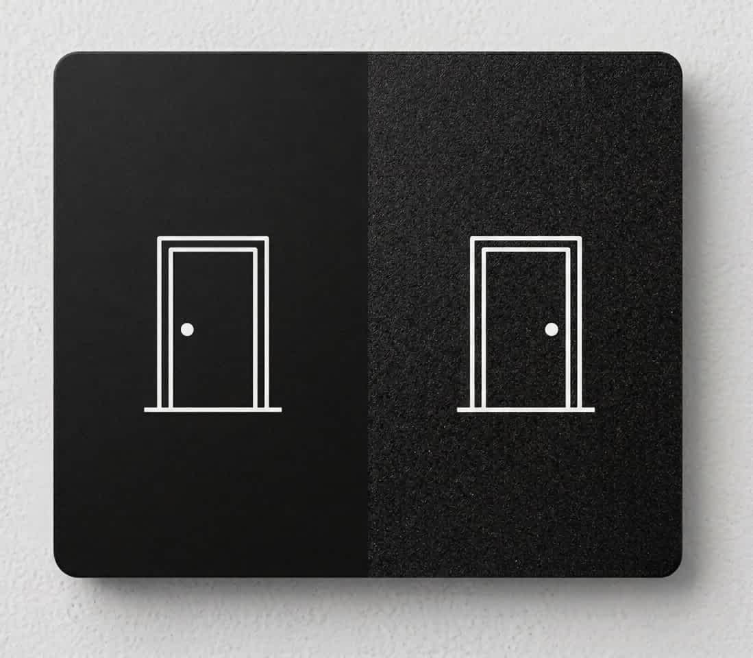 A swatch split in half. One half is primed black paint and the other is pre-finished black paint. A door icon sits on either side.