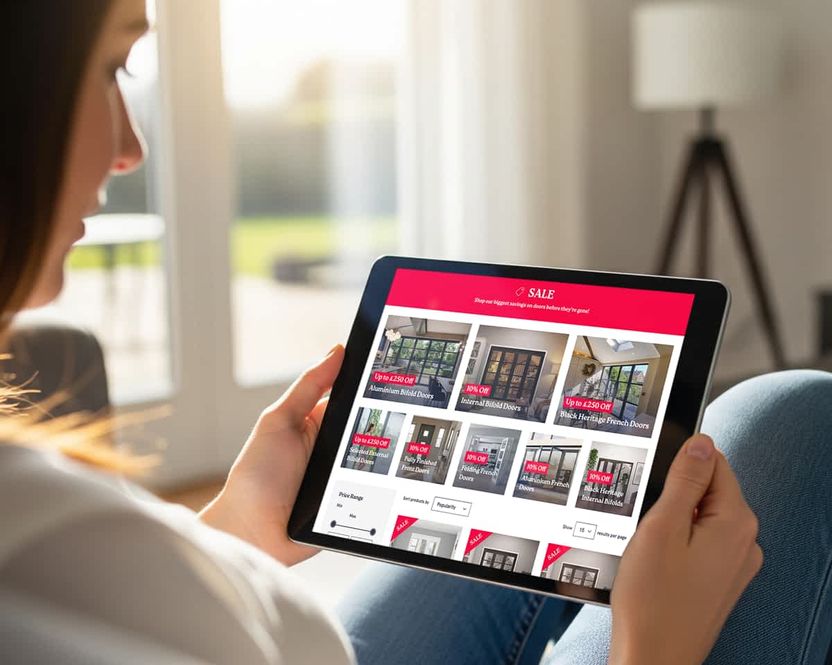 Person using the Aspire Doors sales page on an ipad