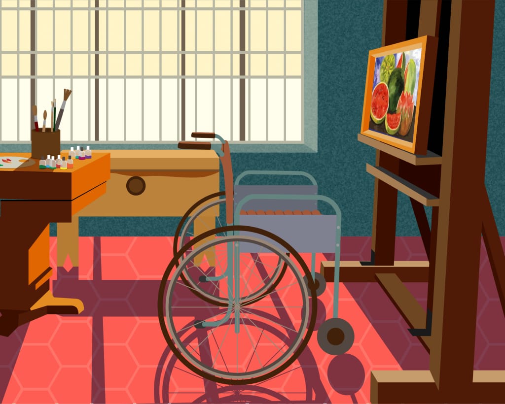 Illustration of the inside of Frida Kahlo's studio