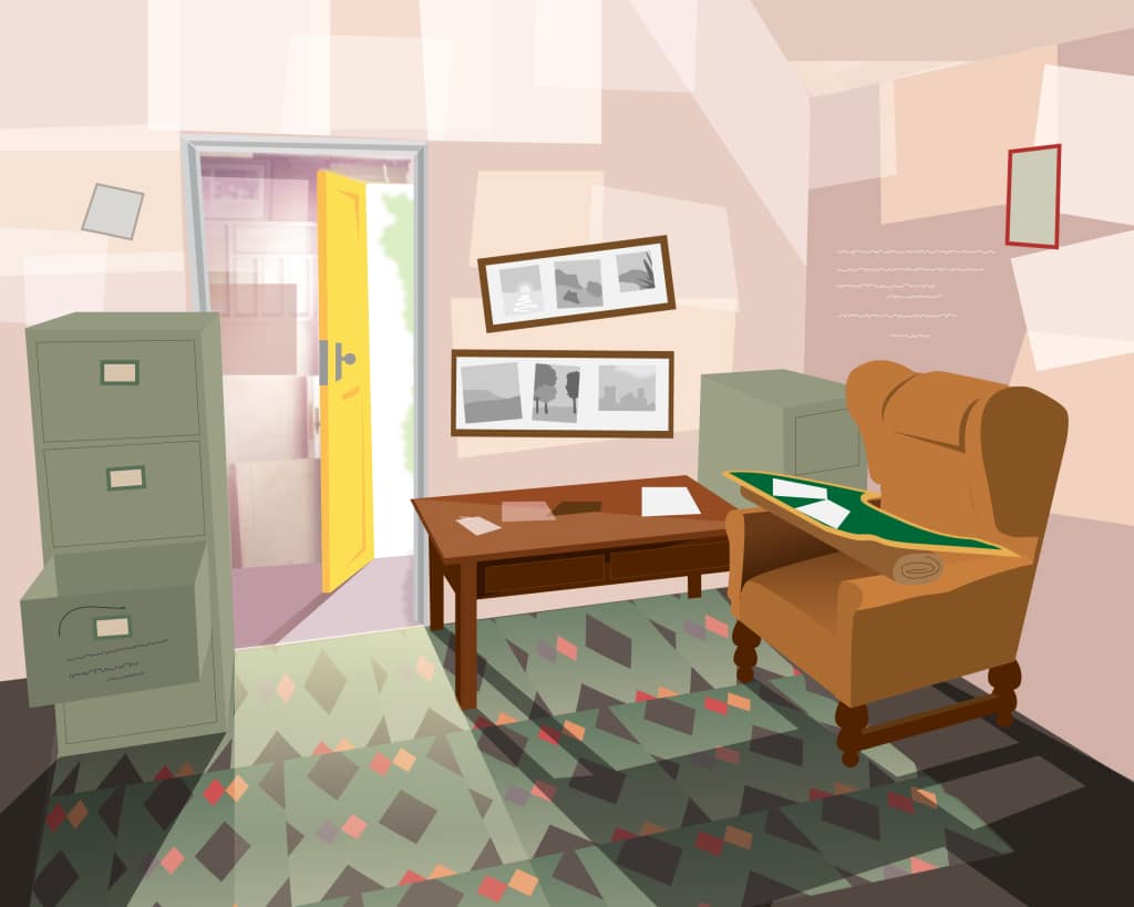 Illustration of Roald Dahl's writing hut