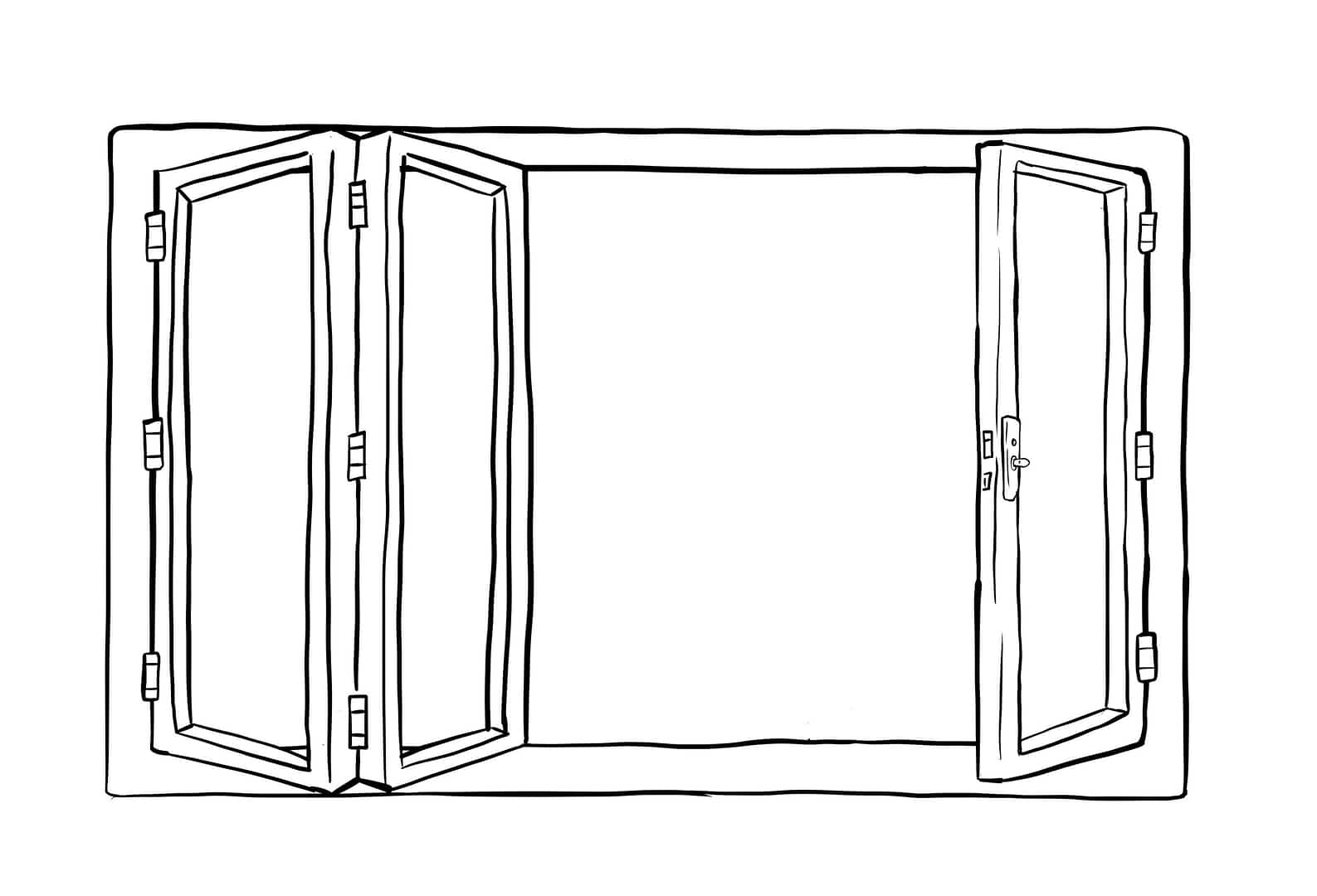 A black and white illustration of a three panel bifold door. Two panels are pushed to the side, while the other panel, a traffic door, is open from the other side.