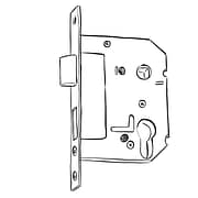 A black and white outline diagram of a mortice sashlock. This lock includes a mechanism for a handle to be installed within the lock