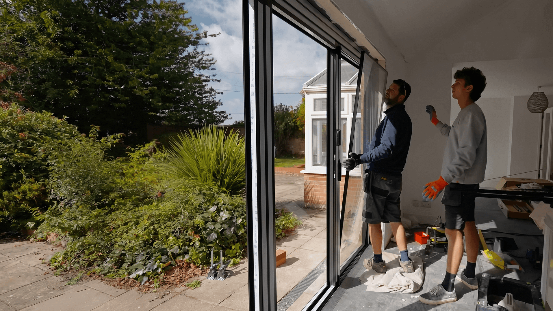 Two men installing an external bifold door