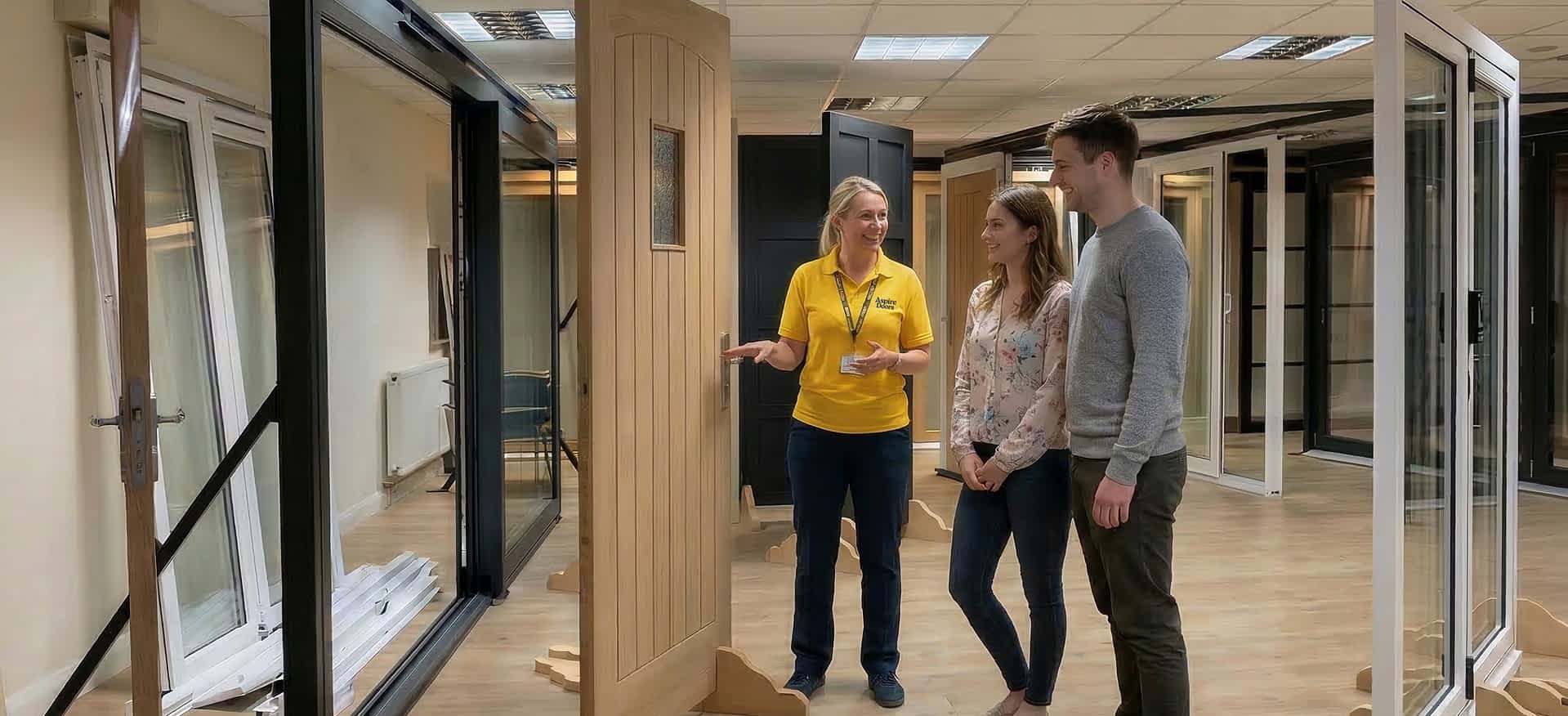 Aspire team showing customers around our door showroom