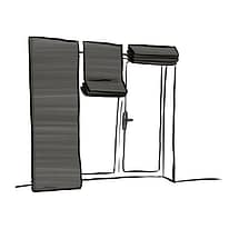 Black and white outlined Illustration of roman blinds. The blinds are coloured grey