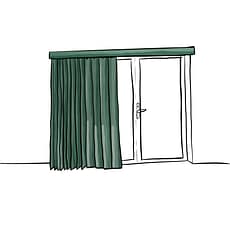 A black and white illustration of a bifold door with vertical blinds. The blinds are pushed halfway to the side, showing a panel of the door that can be opened. The vertical blinds are coloured green as a statement on the otherwise black and white outlined illustration