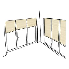 Black and white illustration of roller blinds installed on bifold doors. The illustration shows an interior corner or a room, both walls extending from the corner have a 3 panel bifold door. Roller blinds are installed on each panel, showing how one panel can be completed covered, while another panel can let in more light. 