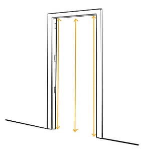 An illustration showing how to measure the height of a door. Three lines show to measure the left, center, right of a door frame.