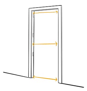 An illustration showing how to measure the width of a door. Three lines show to measure the top, middle, and bottom width.