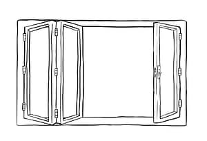 A black and white illustration of a three panel bifold door. Two panels are pushed to the side, while the other panel, a traffic door, is open from the other side. 