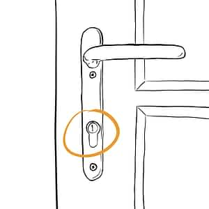A drawing of a cylinder lock on a door handle plate. 