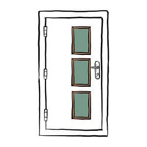 A black and white illustration of a door with three glazed panels lining the right vertical side of the door. The three glazed panels are coloured, while the rest of the illustration is outlined in black ink. This is to highlight the three glazing panels, the door lites.