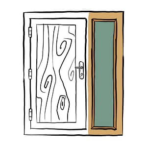 A black and white illustration of a door with a large glazed panel sitting to the right vertical side of the door. The glazed panel is coloured, while the rest of the illustration is outlined in black ink. This highlights the door lites.